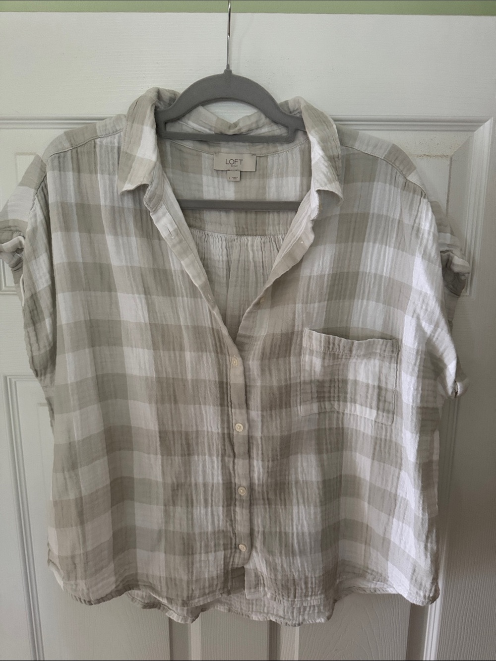 LOFT Lightweight Plaid Button-Front Top in Beige and White
